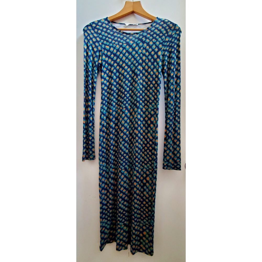 Derek Lam 10 Crosby Dress SM Fitted Long Sleeve Rayon Blue Abstract Polka Dot